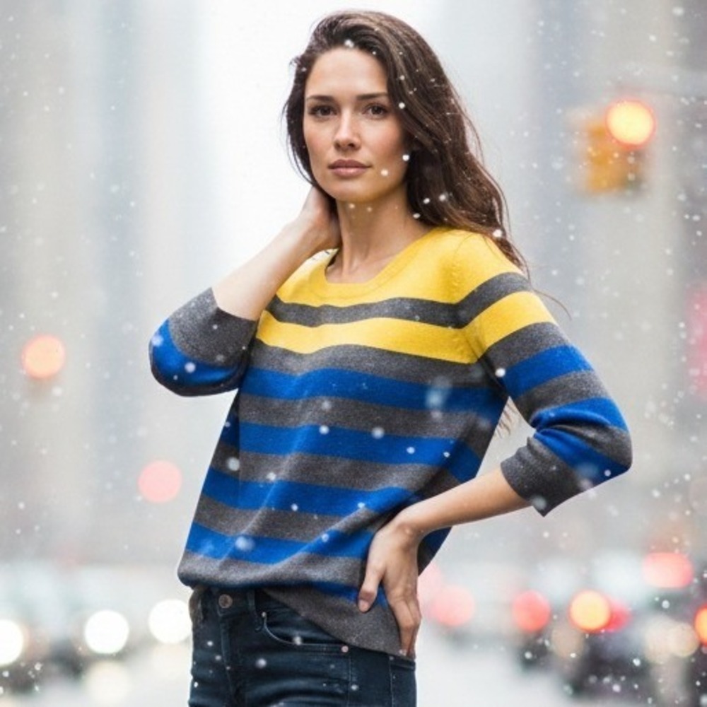 JCPenney M Cashmere Blend Women's Striped‎ Sweater Yellow Blue Gray